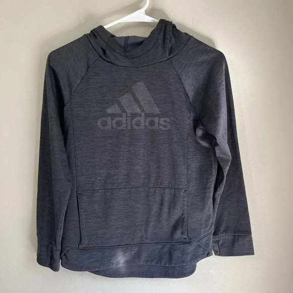 Adidas Youth Gray Hooded Sweatshirt Large 12/14 Print Kangaroo Pocket Pullover - Picture 4 of 12